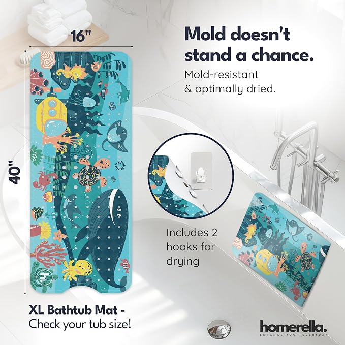 Bath Tub Mat Non Slip Anti Mold for Kids BPA Free INCL Hooks - homerella® Ocean Sea Animals 40x16, Baby Bath Mat Non Slip 200 Suction Cups, Non Toxic Machine Washable Toddler Bath Mat, EU Certified