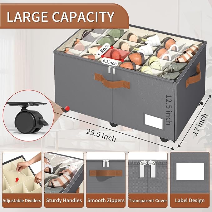 Shoe Organizer for Closet, 2 Pack Shoe Storage Organizer with Wheels and Adjustable Dividers, Stackable Shoe Storage Box with Clear Cover, Foldable Closet Shoe Organizer Fits up to 24-48 Pairs, Gray