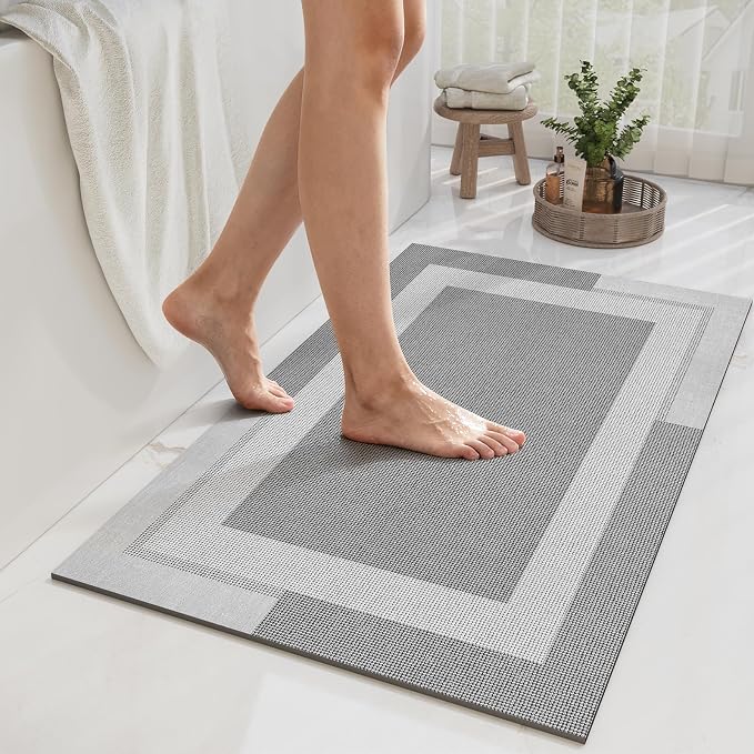 YDKGL Non Slip Bath Mat, Rubber Backing Ultra Thin Bathroom Rugs Fit Under Door Quick Dry Super Absorbent Washable Bath Rug Shower Mat for Bathroom Floor Bathtub Shower Sink, Easy Care Gray 24"x 35"