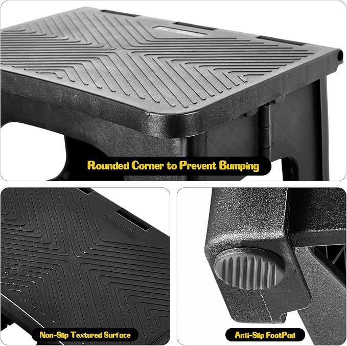 2-Step Stool Foldable, Plastic Steps Stool Folding Step Ladder Two Step Stools Collapsible Step Stools for Adults for Kitchen Home Bathroom RV-Black