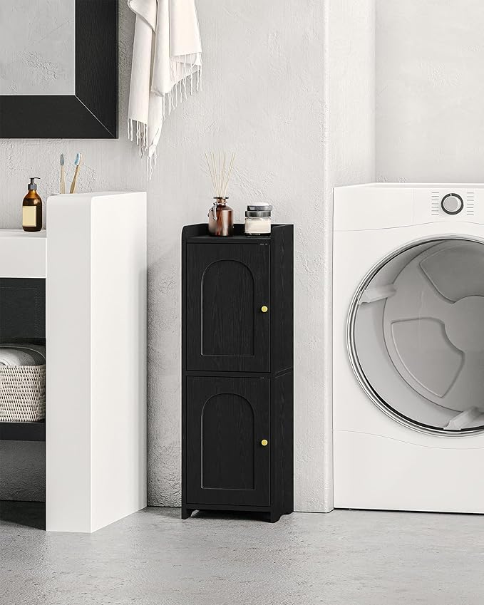 Hzuaneri Bathroom Storage Cabinet, Small Corner Floor Cabinet with 2 Doors and Adjustable Shelf, Narrow Toilet Paper Cabinets, Bathroom Organizer for Small Spaces, 7.9" D x 9.8" W x 29.5" H Black