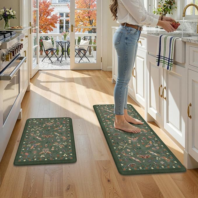LEEVAN Anti Fatigue Mats for Kitchen Floor Non-Slip, Cushioned Kitchen Mats for Floor 20''x31''+20''x47'', Green Memory Foam Kitchen Mat Set