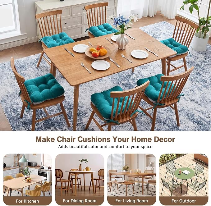 BETU Chair Cushions for Dining Chairs Set of 6,3.5" Thick Kitchen Table Chair Pads with Ties,Non Slip Backing and Covers, Seat Cushion for Dining Room,Bar,Patio Chairs,15.5"X15.5"X3.5",Teal