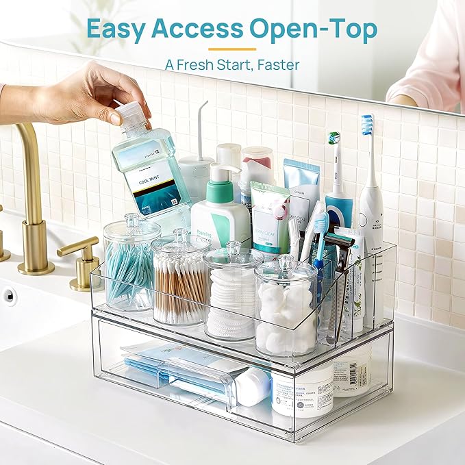 Vtopmart 6 PCS Bathroom Countertop Organizer, 1 Divided Tray with 4 Qtip Holder Jars and 1 Drawers, Restroom Clear Organizers for Toothbrush, Cotton Pads, Vanity Accessories Storage Set