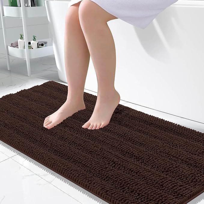 OLANLY Thick Large Bathroom Rugs 50x30, Extra Soft Absorbent Chenille Striped Bath Rugs, Rubber Backing, Machine Wash Dry, Bath Mats for Bathroom Floor, Tub and Shower, Home Decor Accessories, Brown