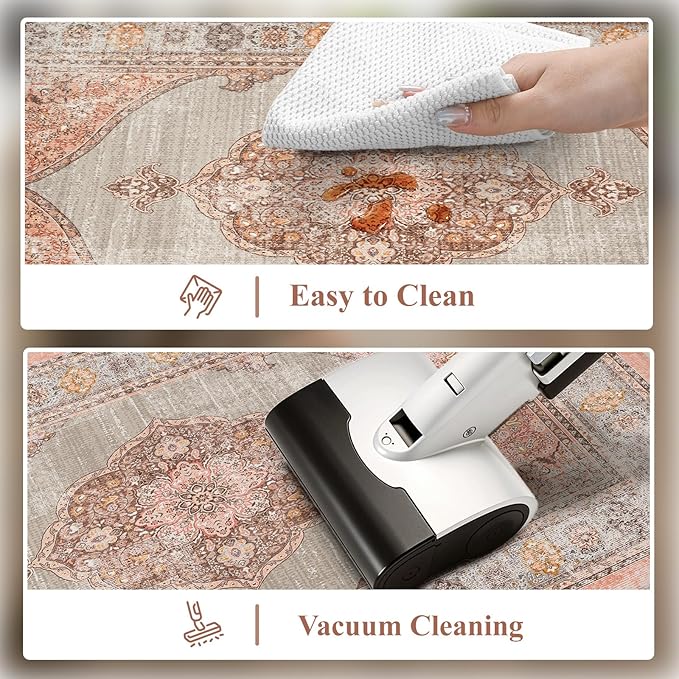 Collive Boho Kitchen Mats for Floor Cushioned, Anti Fatigue Waterproof Kitchen Rug Set of 2 Non Skid Comfort Standing Mat for Office, Sink, Laundry, 17.3"x29"+17.3"x47"(Coral & Greige)