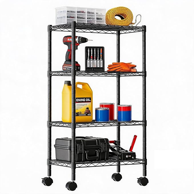 DUMOS 4-Tier Metal Wire Storage Shelves, Adjustable Standing Storage Rack Shelf with Wheels, Heavy Duty Steel Shelving Unit Organizers for Kitchen Bathroom Pantry Garage, 23.2"Wx 3.4"Dx47.1"H, Black