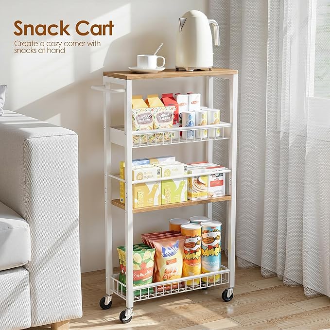 Slim Storage Rolling Cart, 4 Tier Narrow Cart with Wheels, Metal Kitchen Rolling Cart for Small Spaces, Slide Out Storage Shelves for Kitchen, Laundry Room, Bathroom, Living Room, 7.1in(W)