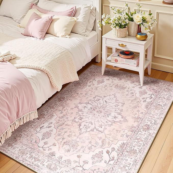 RELEANY Area Rugs 3'x5' Washable Non-Slip, Floral Vintage Distress Medallion Carpet for Living Room Bedroom Dining Room, Pink Greypink Cute