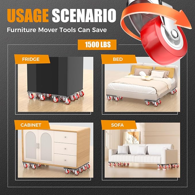 LOYAL TIGER 1500LBS Heavy Duty Furniture Dolly Movers Set with Lifter, 5-Wheel Carbon Steel Moving Rollers with Locking Casters for Refrigerator, Washer, Sofa & Cabinet(5.4 Inch, Silvery)