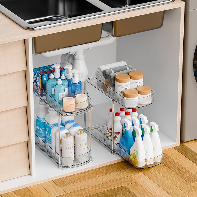 Yieach 3 Pack 13.8″ Deep 2 Tier Under Sink Storage Organizer,Large Pull Out Bathroom Organizers and Storage,Slide Out Acrylic Undersink Storage Shelf,Kitchen Under Sink Organizer for Cleaning Products