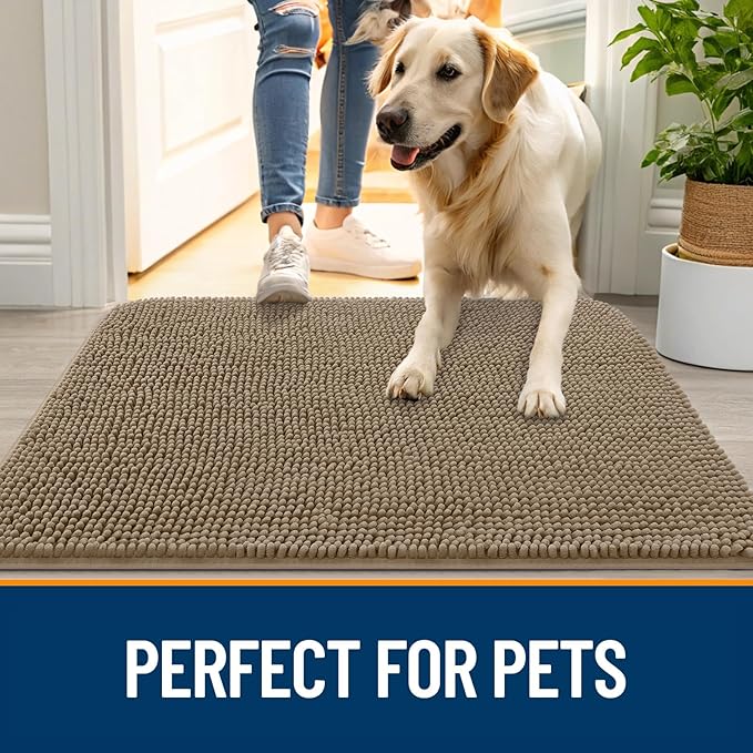 OLANLY Dog Door Mat for Muddy Paws 32x20, Absorbs Moisture and Dirt, Absorbent Non-Slip Washable Doormat, Quick Dry Chenille Mud Mat for Dogs, Entry Indoor Entryway Carpet for Inside Floor, Tan