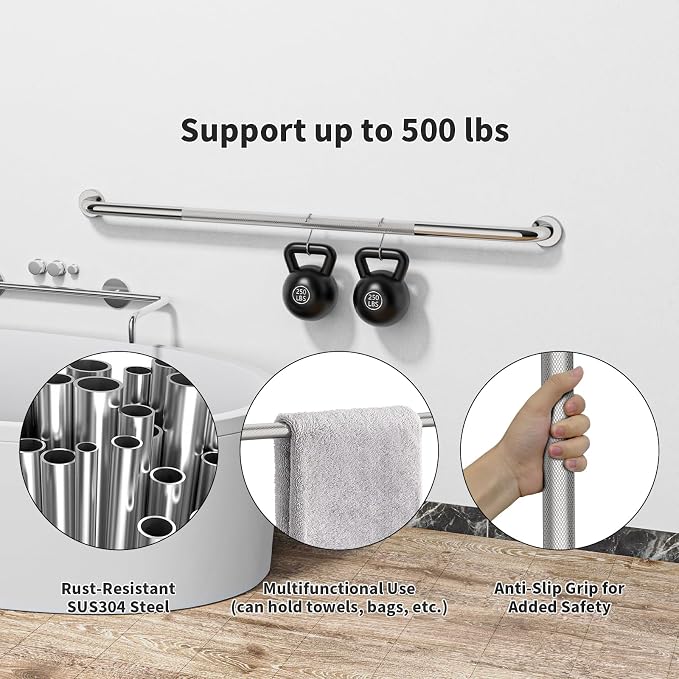 48 Inch Anti Slip Shower Grab Bar, Munzong Bathroom Grab Bar for Wall, Knurled Handicap Balance Bar,Safety Hand Rail Support Elderly Senior Assist Bath Handle