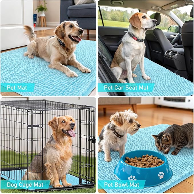 OLANLY Dog Door Mat for Muddy Paws 70x35, Absorbs Moisture and Dirt, Absorbent Non-Slip Washable Doormat, Quick Dry Chenille Mud Mat for Dogs, Entry Indoor Entryway Carpet for Inside Floor, Blue