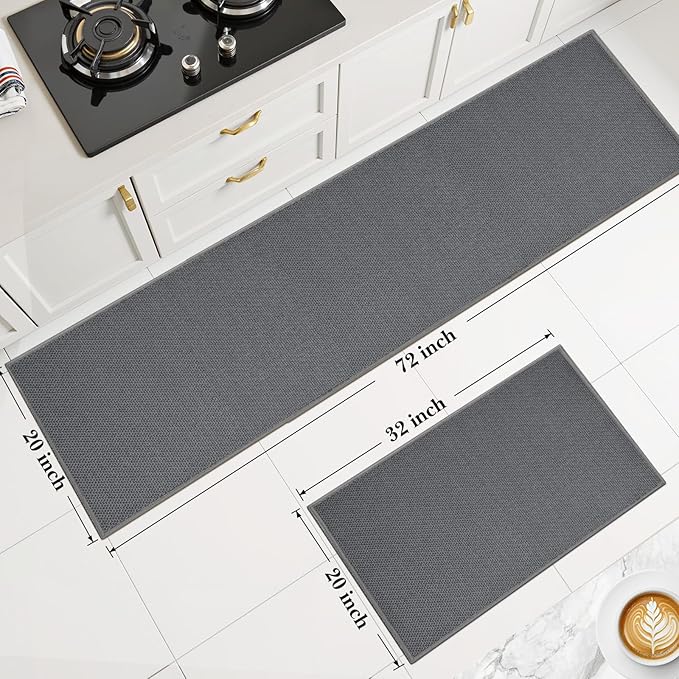 Kitchen Rugs and Mats, Non Slip Washable Set of 2 PCS, Absorbent Kitchen Mats for Floor, Kitchen Runner Rug, Rubber Backing, for Kitchen Decor, Front of Sink (Grey, 20’’*32’’+20’’*60’’)