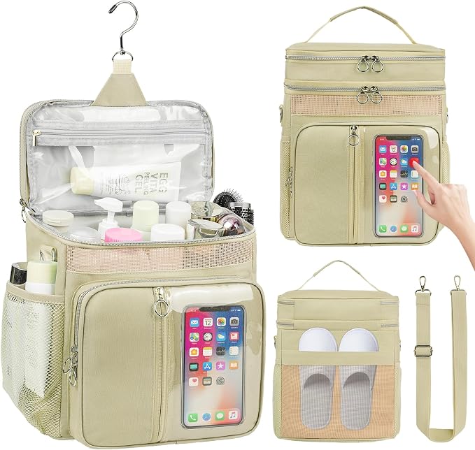 Portable Shower Caddy College Dorm Essentials, Large Toiletry Bag for Women Men, 2 Layers Quickly Dry Mesh Bathroom Tote Bag, Hanging Makeup Organizer Bag for Travel, Gym, Camping(Apricot)