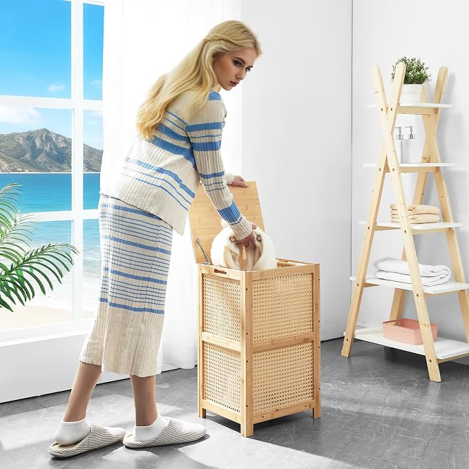 TIOPGHAD Bamboo-Laundry-Hamper-Wicker-Basket-with-lid Large Wood Laundry Hampers Basket Bin Storage Organizer for Dirty Clothes, Laundry Room, Bathroom, Bedroom, Living Room(13Gallon/50L)