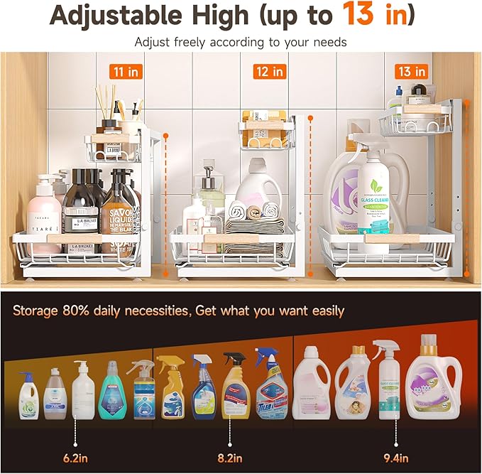 Sevenblue 2 Packs Under Sink Organizer, Height Adjustable 2 Tier Under Kitchen Sink Organizer, Multi-Purpose Storage Shelf for Kitchen Bathroom Cabinet (White, Large)