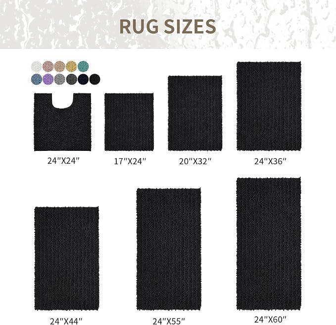 Bathroom Rugs Non Slip Washable, Extra Thick Soft Chenille Absorbent Bath Mat, High Density Barrier Non Slip Backing, Quick Dry Plush Shaggy Floor Carpet for Tub&Shower 24x17, Black