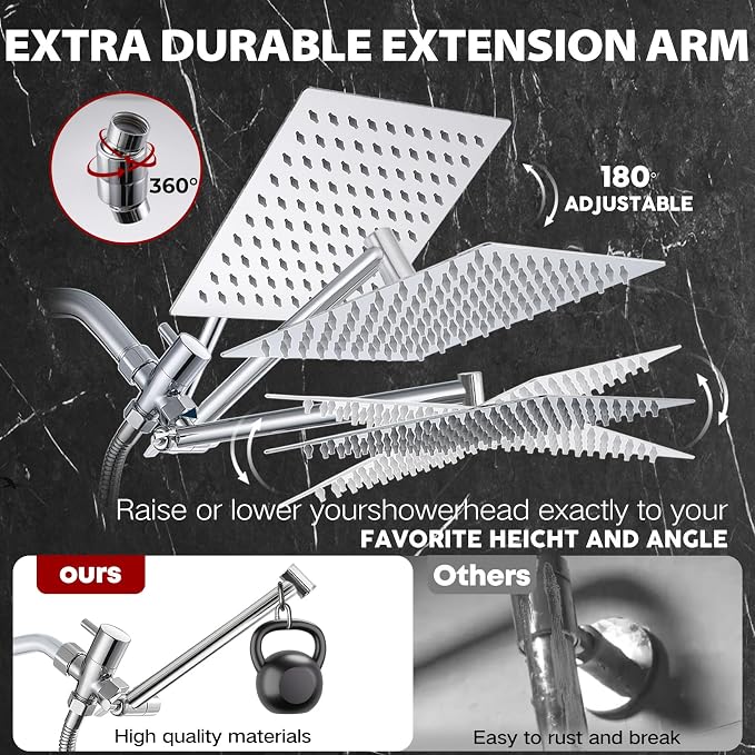 Shower Head,12”Rain Shower Head with Handheld Spray Combo and Adjustable Extension Arm/Shower System,High Pressure Rain Fall Hose,Chrome