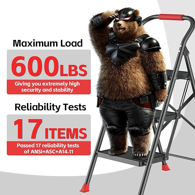 Step Ladder Foldable Folding Stool - for Home Adults Kitchen 3 Stepping Extension Tall Heavy Duty with Handrails - Closet Stepstool Stair Ladders Extendable Stepladder for Indoor House 600Lbs