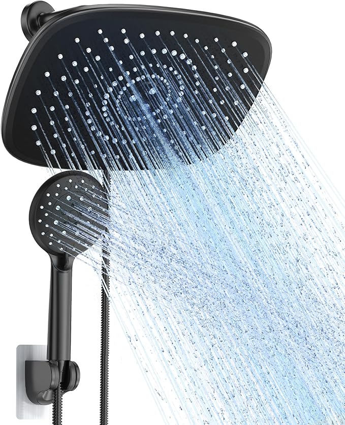 Veken Rain Shower Head with Handheld, High Pressure Rainfall Showerhead Combo with 5 Hand held Water Spray Modes for Bathroom Accessories, Detachable Dual Shower Heads, Matte Black, 10 Inch