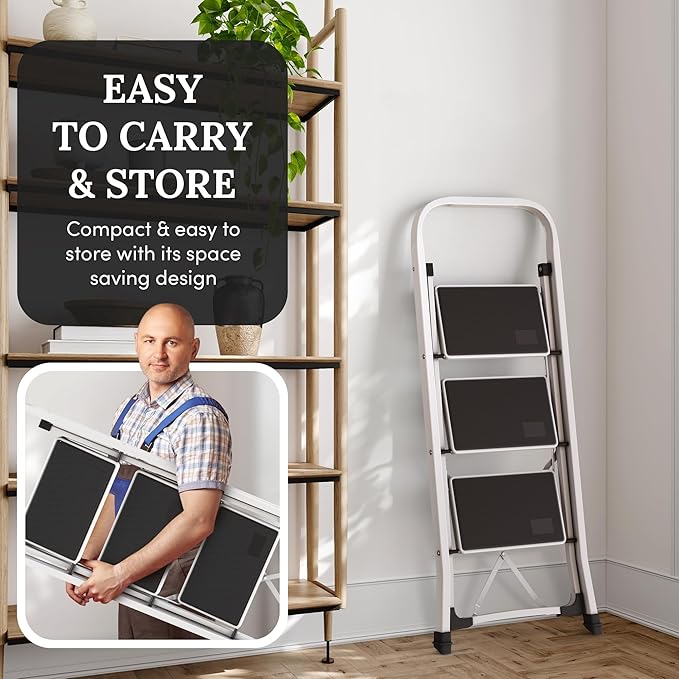 3-Step Ladder with Wide Anti-Slip Platform & Thick Rubber Feet | Heavy Duty Foldable & Portable | 330 lbs Capacity, Steel Frame, Rubber Handgrip, Folding Step Stool