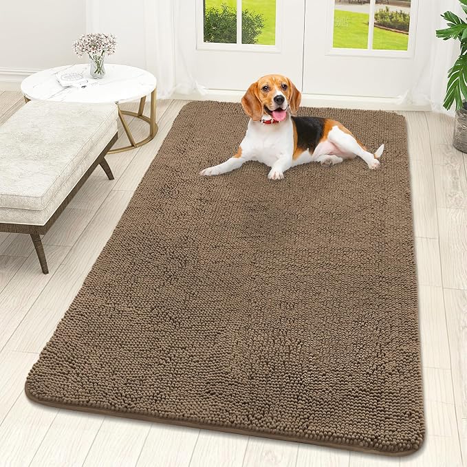 OLANLY Dog Door Mat for Muddy Paws 59x32, Absorbs Moisture and Dirt, Absorbent Non-Slip Washable Doormat, Quick Dry Chenille Mud Mat for Dogs, Entry Indoor Entryway Carpet for Inside Floor, Tan