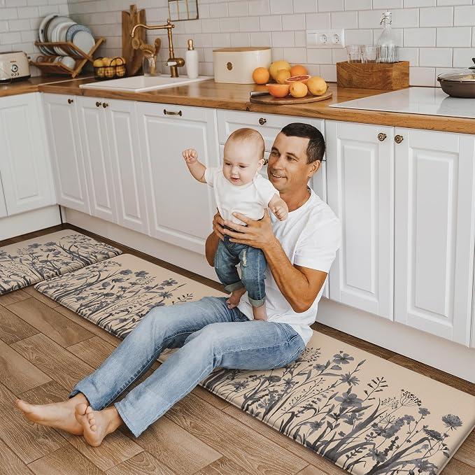 KIMODE Kitchen Anti Fatigue Mats, Farmhouse Kitchen Rugs Sets of 2, Memory Foam Kitchen Mats for Floor, Waterproof Standing Mat for Sink, Laundry, Office, Desk Brown/Gray 17"x59"+17"x29"