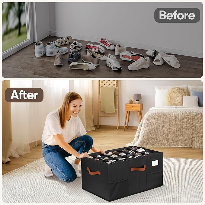 Shoe Organizer for Closet, 2 Pack Shoe Storage Containers with Adjustable Dividers, Space Saving Shoe Box Storage Organizers Bins with Clear Lid & 4 Handles, Fits 24-48 Pairs, Black
