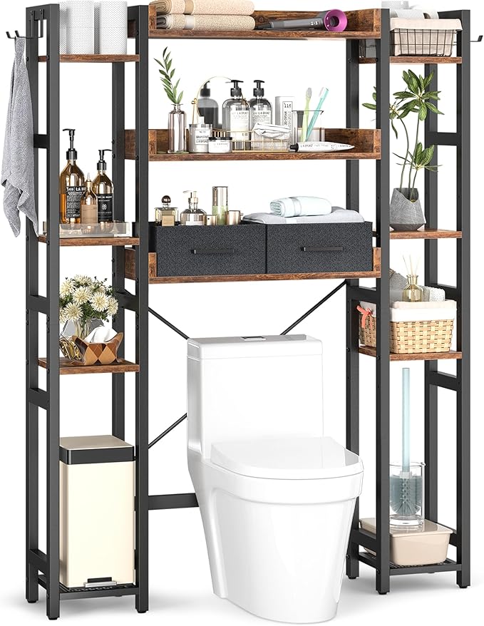 Besiost Over The Toilet Storage, 11 Tier Bathroom Organizer with Dual Side Racks and 2 Fabric Drawers, Adjustable Freestanding Rack Space Saver for Small Spaces, Rustic Brown