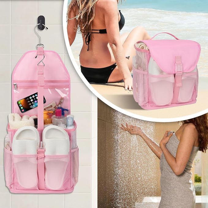 Ethereal Pink Hanging Mesh Shower Caddy Portable for College Dorm Room Essentials, Large Capacity Shower Bag for Guys/Girls, for Beach, Swimming, Gym