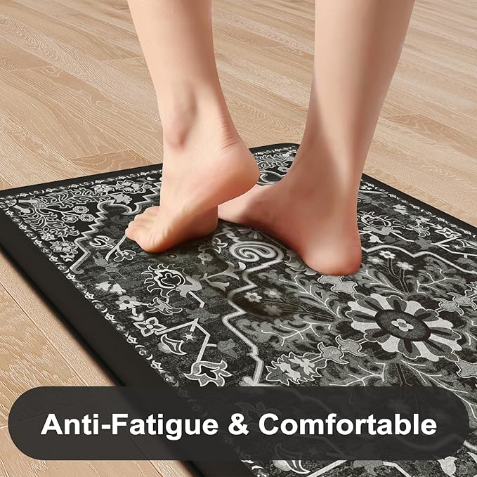 KIMODE Kitchen Mats Cushioned Anti Fatigue, Boho Vintage Kitchen Rugs Sets of 2, Non Slip Kitchen Mats for Floor, Memory Foam Kitchen Floor Mat for Sink Laundry Desk Black Multi 17"x47"+17"x29"