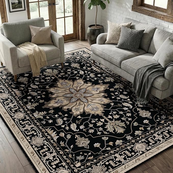 RELEANY Area Rugs 5'x7' Washable Non-Slip, Floral Vintage Distress Medallion Carpet for Living Room Bedroom Dining Room, Black Brown Neutral Dark Tan