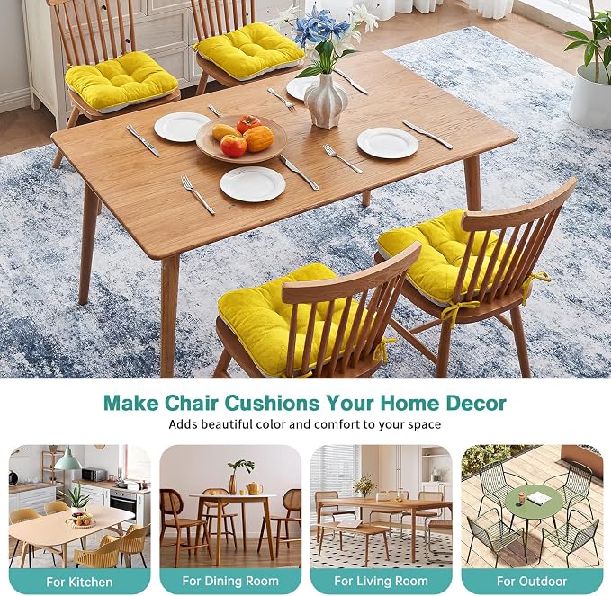 BETU Chair Cushions for Dining Chairs Set of 4,3.5" Thick Kitchen Table Chair Pads with Ties,Non Slip Backing and Covers, Seat Cushion for Dining Room,Bar,Patio Chairs,15.5"X15.5"X3.5",Gold
