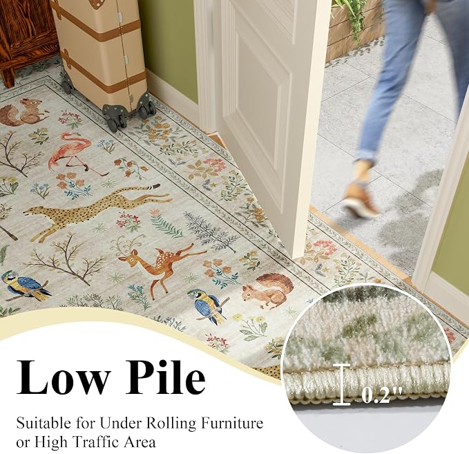 DUKINO 2x4 Rug for Hallway, Washable Kitchen Runner Rug with Non Slip Backing, Soft Low Pile Vintage Animal Runner for Bedroom, Kitchen, Hallway, Entryway, Laundry, Beige