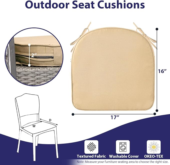 IPYNBAP Outdoor Chair Cushions Set of 4 -Waterproof Outdoor Seat Cushions for Patio Furniture, Patio Chair Cushion with Handle and Ties, Out Door Chair Pads,17x16x2-Round, Beige
