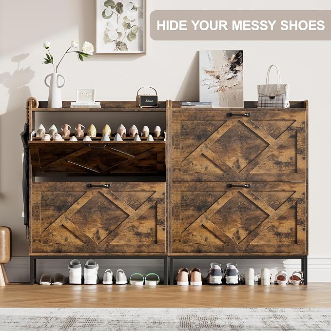 Nicetree Shoe Cabinet with 2 Flip Drawers, Freestanding Shoe Storage Cabinet with Metal Legs, Farmhouse Shoe Organizer for Entryway, Foyer, Hallway, Rustic Brown