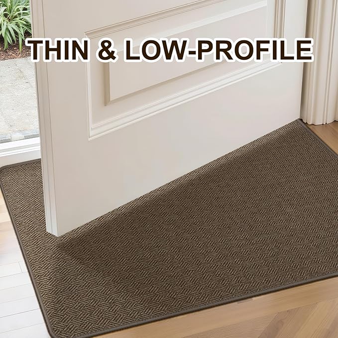 Ultra Thin Door Mat Indoor Entrance 24"x36", Low-Profile Indoor Door Mat, Non Slip Rubber Backing Welcome Entry Mat, Dirt Trapper Entryway Mat Inside Doormat, Brown