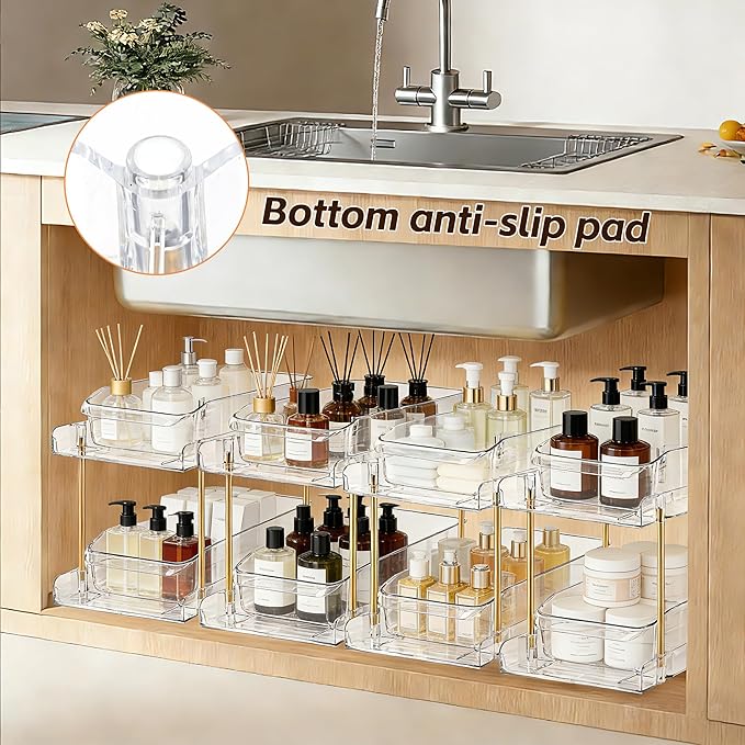 LAREKUN4pack 2-Tier Organizer & Storage Unit Stackable Bathroom Cabinet Organizer Pull-Out Kitchen Pantry Organizer & Storage System Suitable for Countertops, Pantries, Kitchens, Bathrooms