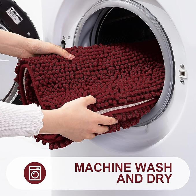 Grandaily Chenille Striped Bathroom Rugs 59x35, Extra Thick and Absorbent Bath Mats, Non-Slip Soft Plush Shaggy Shower Carpet, Machine Wash Dry, Bath Rug for Bathroom, Burgundy
