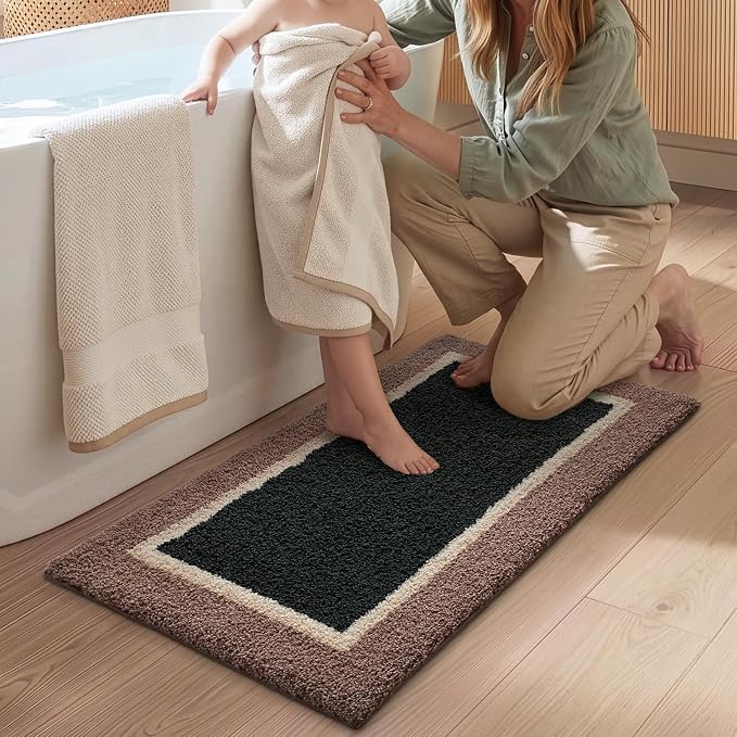 DEXI Bathroom Rugs 43x24, Absorbent Extra Soft Plush Microfiber Bath Mat for Bathroom, Non Slip Washable Bathmat Quick Dry for Shower Floor, Sink, Tub, Laundry Room, Brown and Green