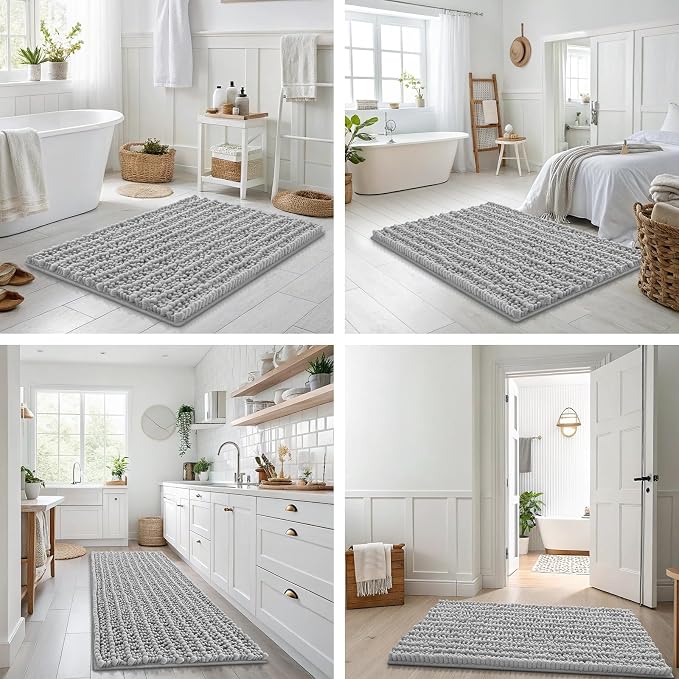 Smiry Bathroom Rugs Mat 34x21, Extra Soft Absorbent Chenille Bath Rugs, Non Slip Rubber Backing Machine Washable Quick Dry Bath Mats for Bathroom Floor, Tub, Shower, Home Decor Accessories, Light Grey