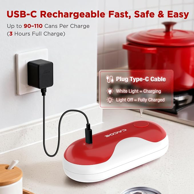 CACOE Automatic Smart Electric Can Opener with Auto Stop & USB-C Charging - Cordless Can Opener for Elderly and Arthritic Users for Seniors & Arthritis, Effortless One-Touch Open (red)