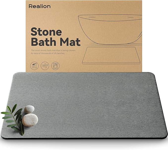 Stone Bath Mat, Dries Quickly, Non-Slip Diatomaceous Earth Bath Mats for Bathroom, Super Absorbent Stone Shower Mat, Easy to Clean, 23.5" x 15.5" Charcoal Gray