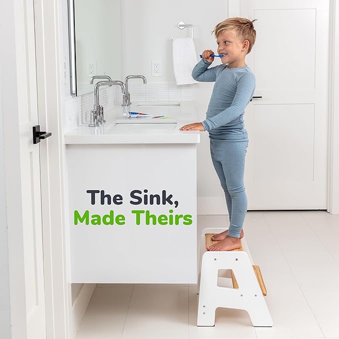 OCODILE 2-Step Wooden Step Stool for Toddlers | Kids Stool for Bathroom Sink & Kitchen Use | Non-Slip Step | Wooden Stool for Children Ages 2+ Years White