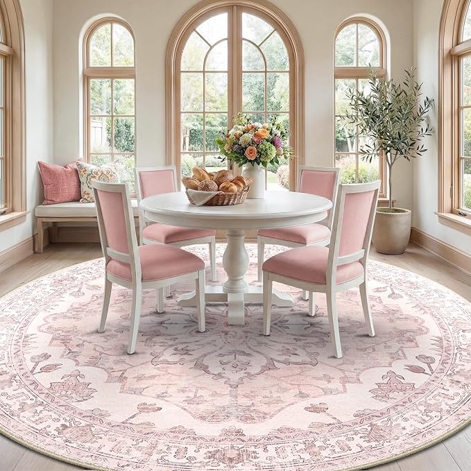 RELEANY Area Rugs Round 10ft Washable Non-Slip, Floral Vintage Distress Medallion Carpet for Living Room Bedroom Dining Room, Pink Greypink Cute