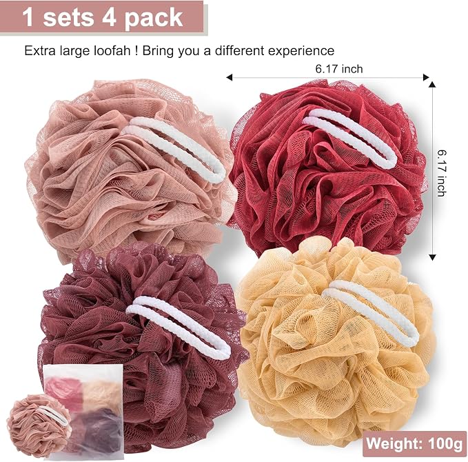 MTDLYICE Loofah Sponge XXL-100g 4 Pack, Bath Sponge Soft Mesh Shower Puff Loofah for Men, Exfoliating Body Scrubber for Women, Shower Accessories (Cherry Red)