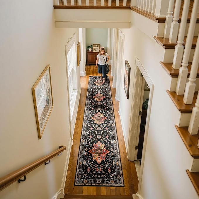 RELEANY Area Rugs Runner 2'6"x10' Washable Non-Slip, Floral Vintage Distress Medallion Carpet for Kitchen Hallway Bedroom Beside Laundry Room Bathroom, Black Colorful Floral Dark Tan