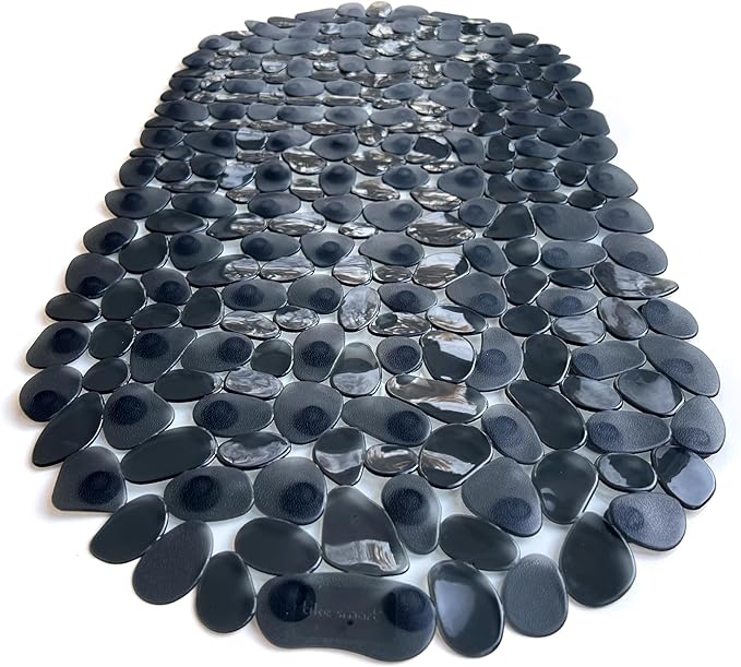 “Pebbles” Non-Slip Bathtub & Shower Mat 27”x14” Oval - Non-Toxic - Safe, Clean, Machine-Washable, Superior Grip & Drainage, Vinyl, for Smooth Floors ONLY, Transparent Black